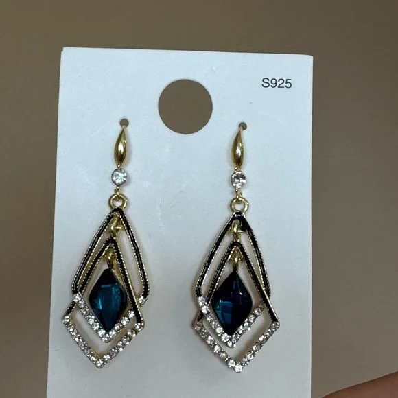 Elegant Gold and Blue Drop Earrings - Picture 2 of 2